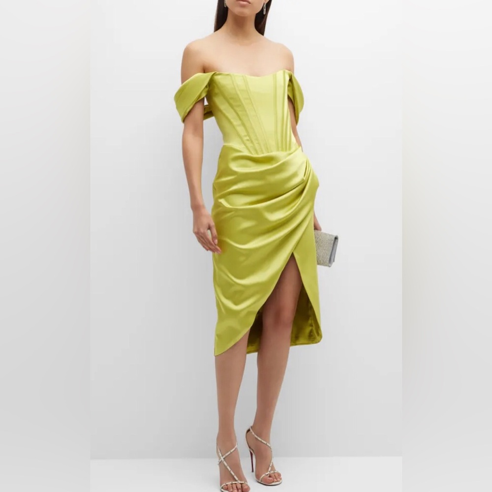 NWOT Gigii’s Jasmine Draped Off-Shoulder Midi Satin Dress Lemon Lime - Size XS